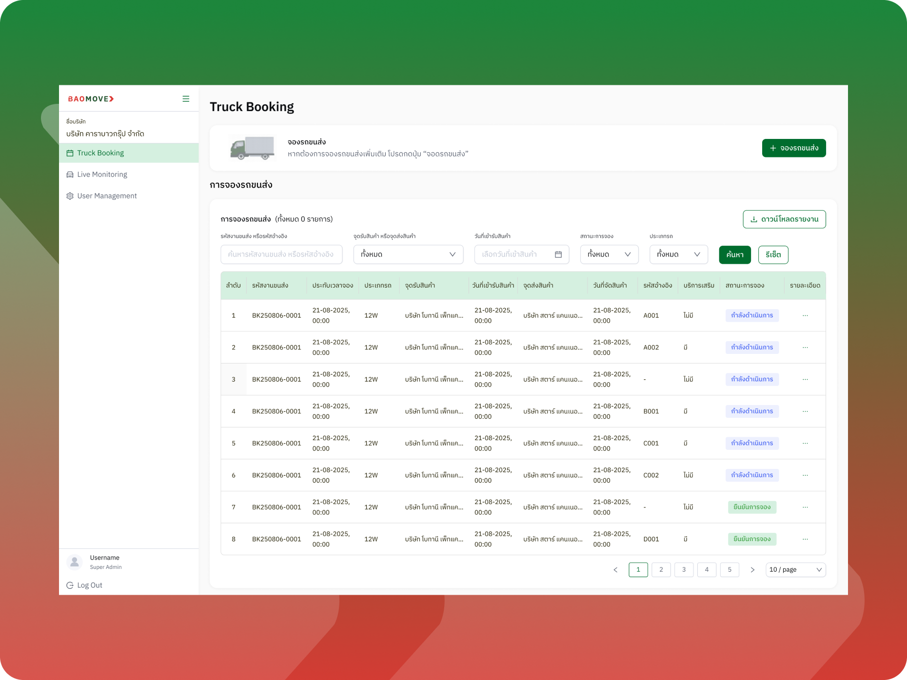Booking Status Screen